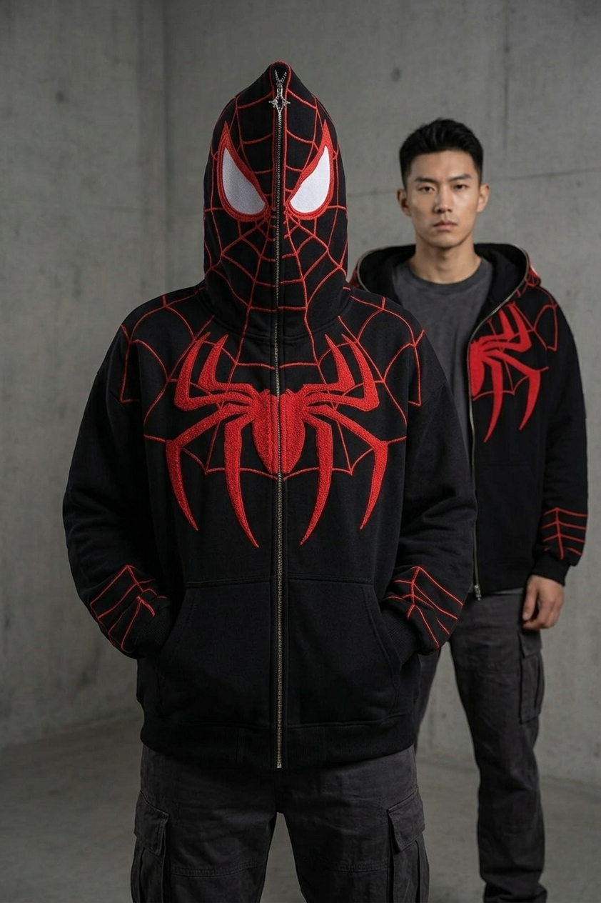 Spider Web Embroidered Zip Hoodie – Premium Oversized Streetwear | VELZR