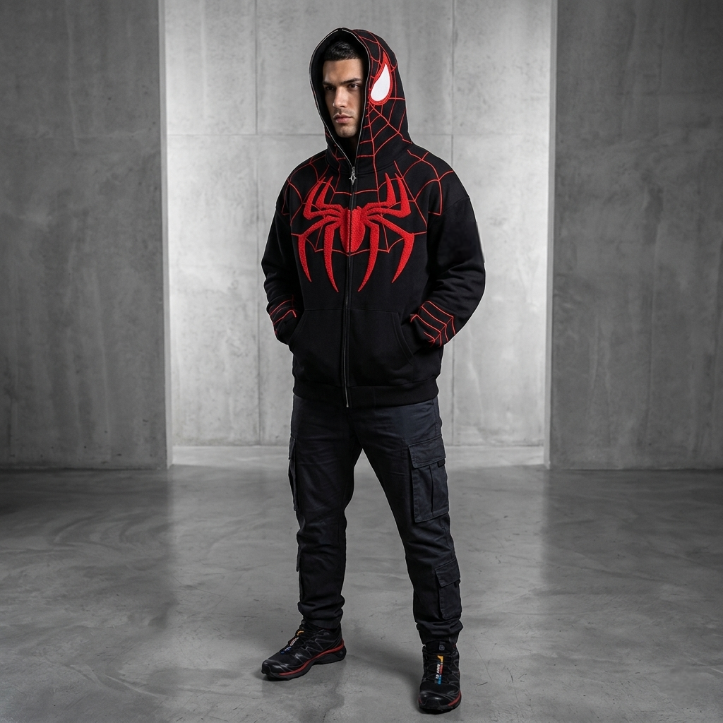 Spider Web Embroidered Zip Hoodie – Premium Oversized Streetwear | VELZR