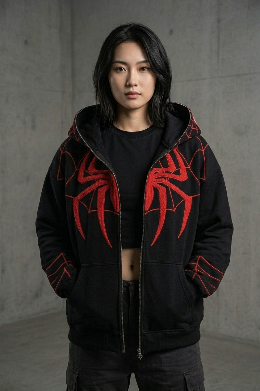 Spider Web Embroidered Zip Hoodie – Premium Oversized Streetwear | VELZR