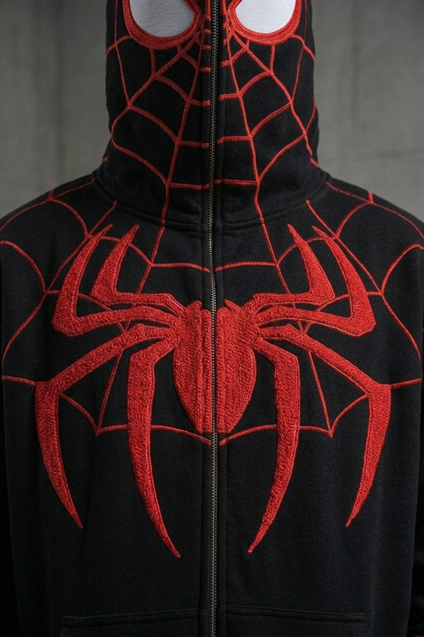 Spider Web Embroidered Zip Hoodie – Premium Oversized Streetwear | VELZR