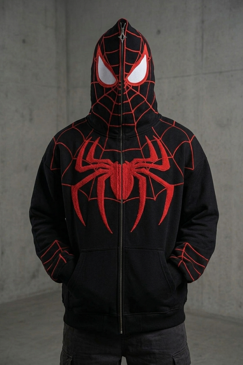 Spider Web Embroidered Zip Hoodie – Premium Oversized Streetwear | VELZR