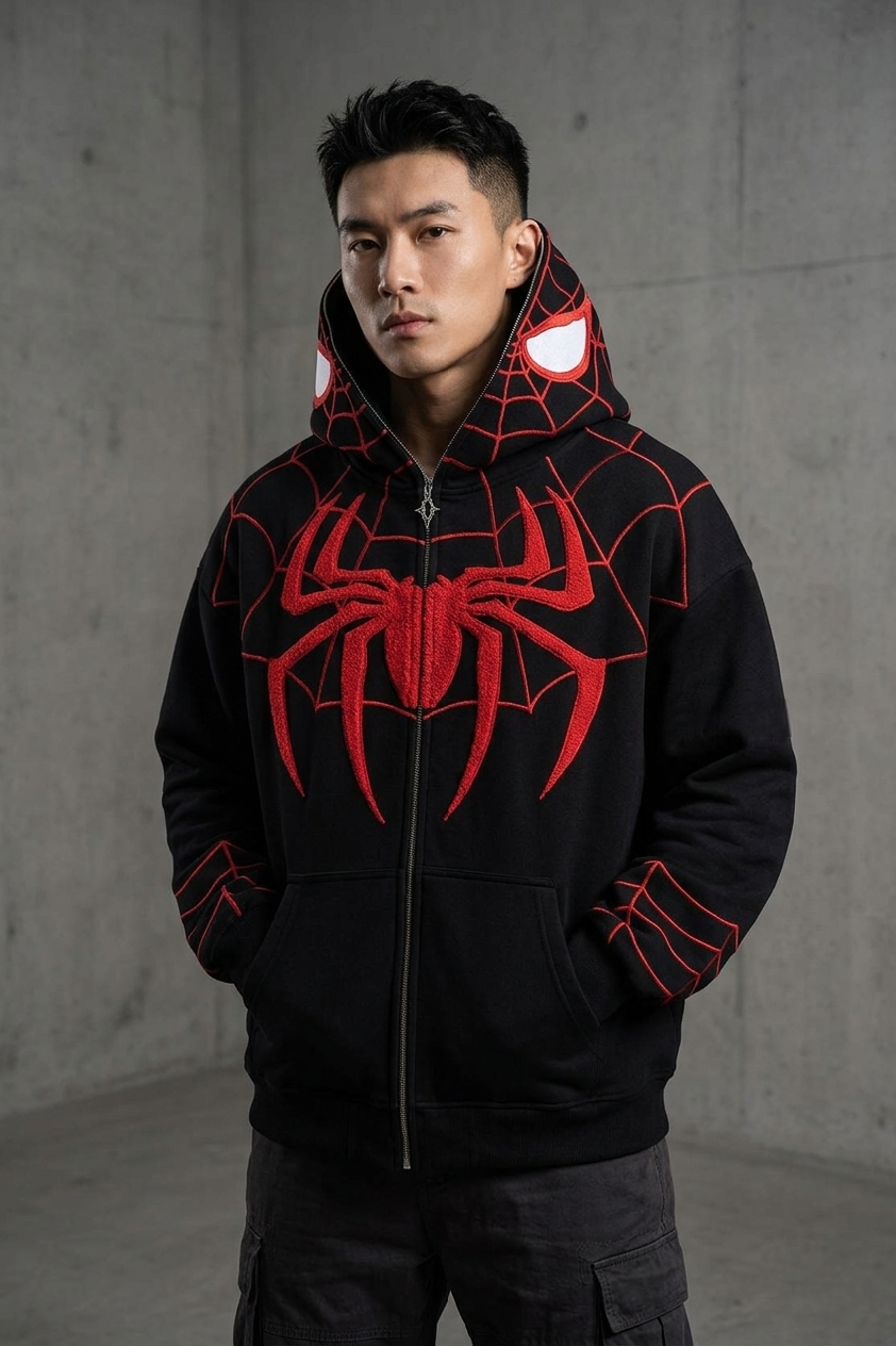 Spider Web Embroidered Zip Hoodie – Premium Oversized Streetwear | VELZR
