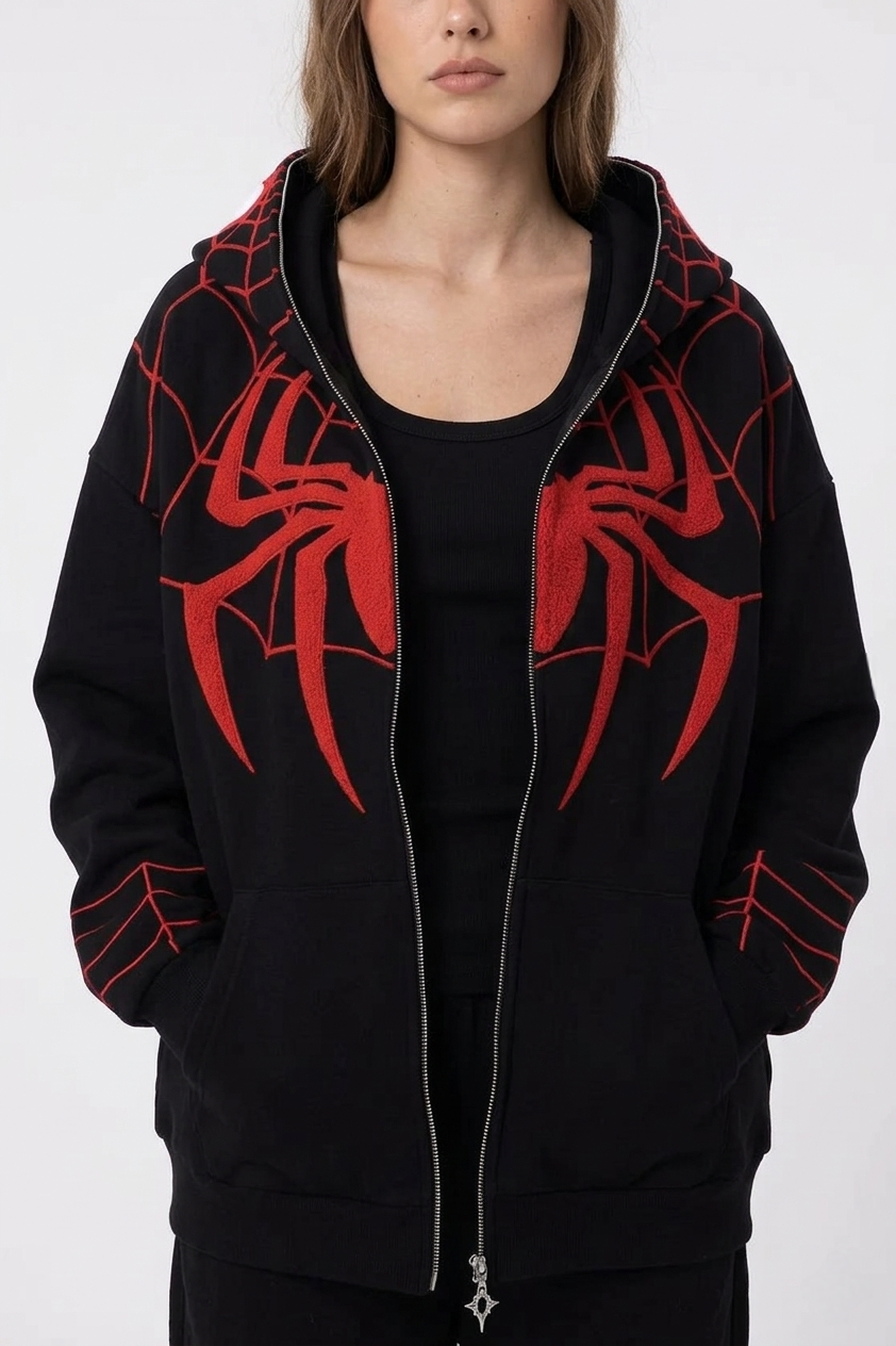 Spider Web Embroidered Zip Hoodie – Premium Oversized Streetwear | VELZR