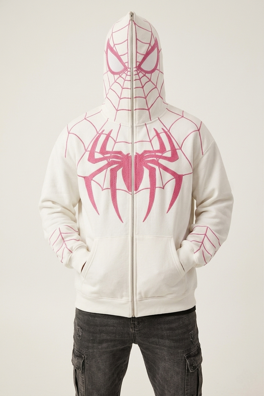 Spider Web Embroidered Zip Hoodie – Premium Oversized Streetwear | VELZR