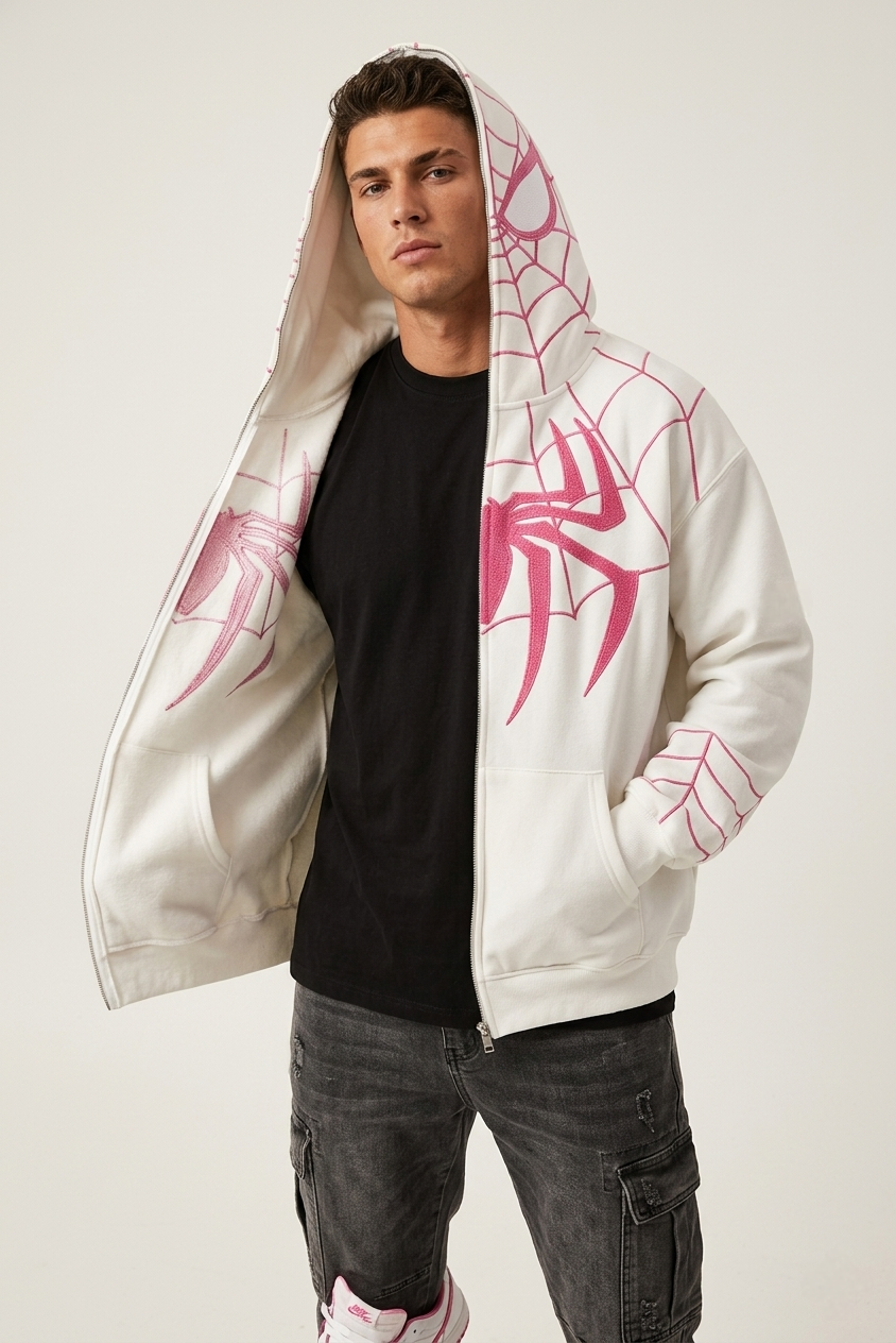 Spider Web Embroidered Zip Hoodie – Premium Oversized Streetwear | VELZR