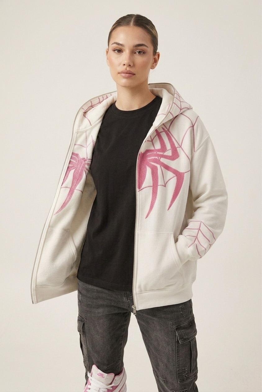 Spider Web Embroidered Zip Hoodie – Premium Oversized Streetwear | VELZR