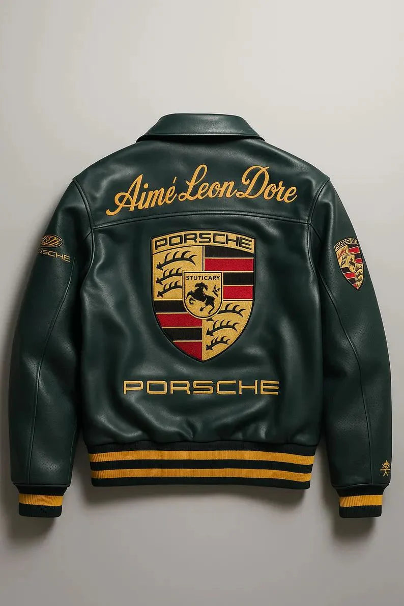 Green leather jacket with Porsche logo and 'Aime Leon Dore' branding on a gray background