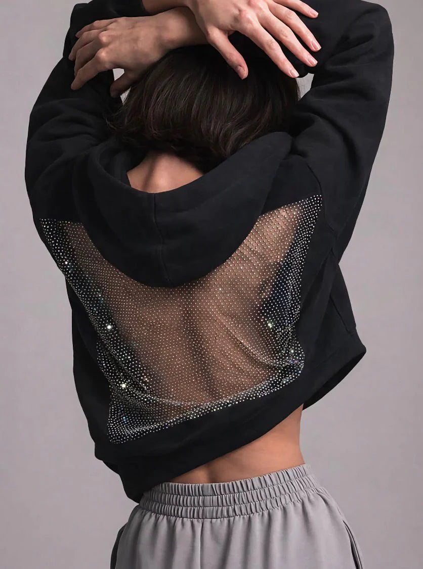 Black Rhinestone Hoodie with Sparkle Back Detail Oversized Streetwear Hoodie by VELZR