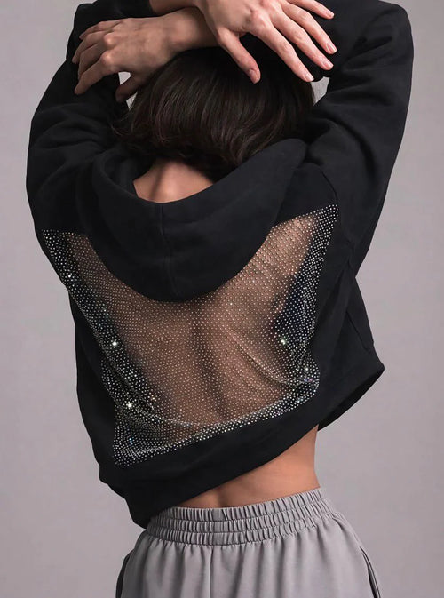 Black Rhinestone Hoodie with Sparkle Back Detail Oversized Streetwear Hoodie by VELZR