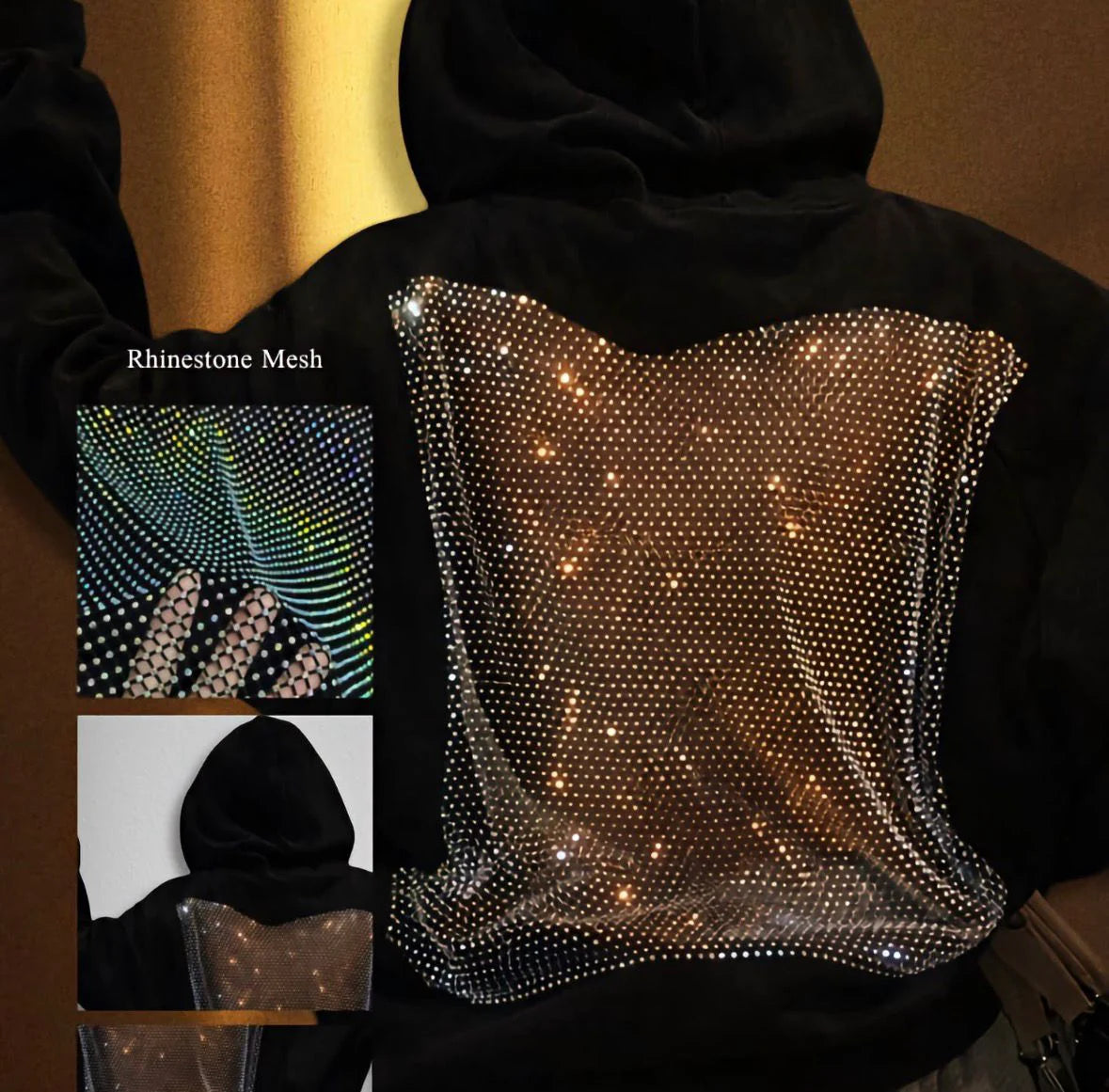 Black hoodie with rhinestone mesh back panel and close-up insets.