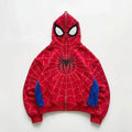 Red Spider-Man hoodie with blue accents on a white background