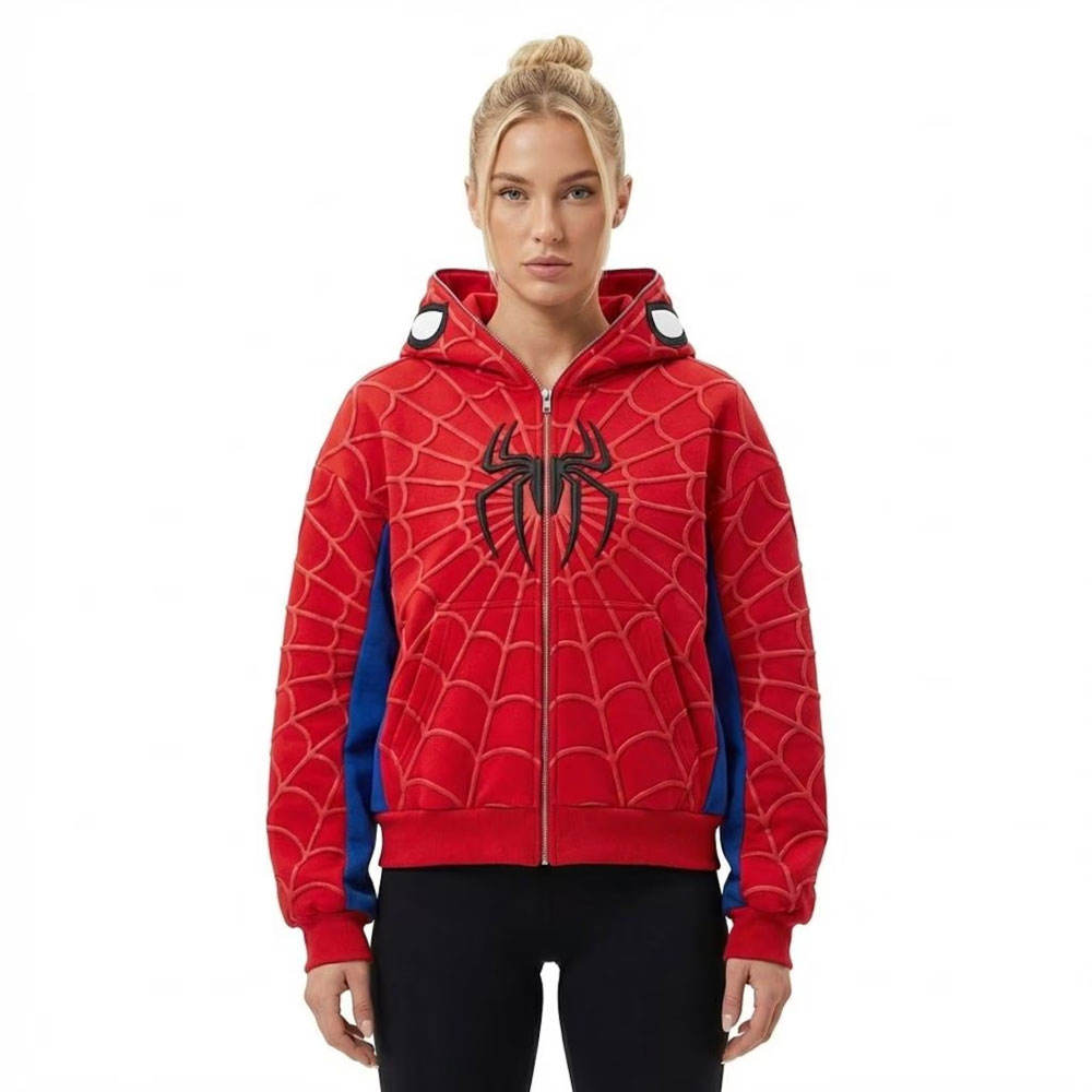 Person wearing a Spider-Man hoodie with a red and blue design on a white background