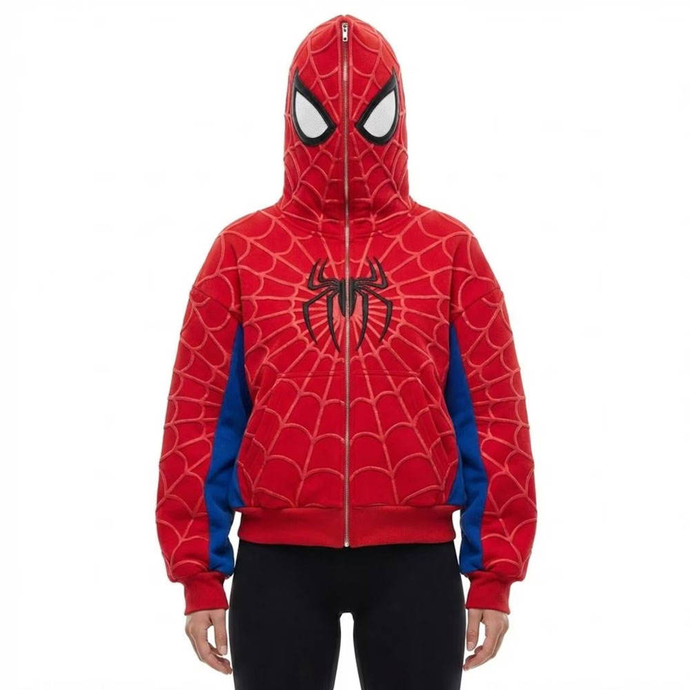 Red Spider-Man hoodie with spider emblem on a white background
