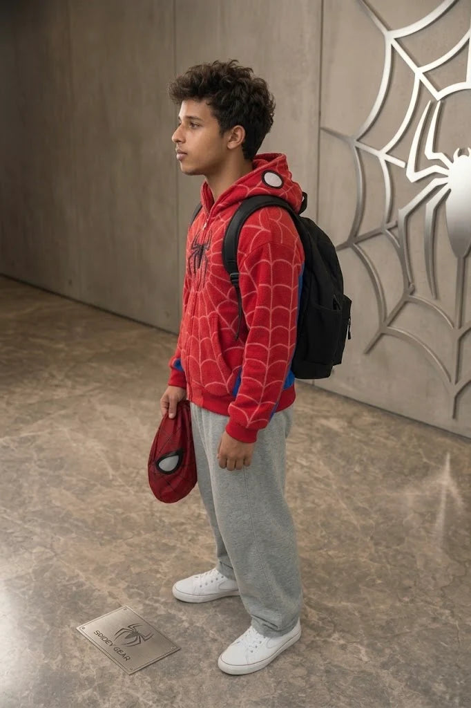 Person wearing a Spider-Man hoodie with a backpack and mask, standing in front of a wall with spider web designs.