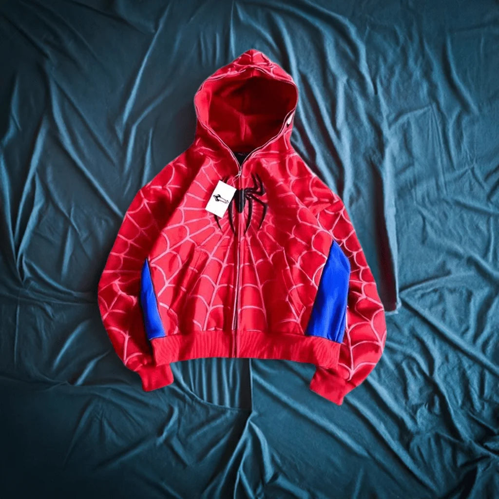 Red Spider-Man hoodie with a black spider emblem on a blue fabric background
