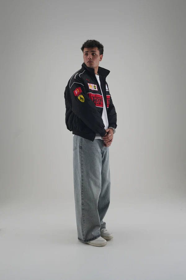 Premium parachute fabric detail of Black Ferrari Embroidered Jacket.