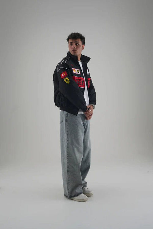 Premium parachute fabric detail of Black Ferrari Embroidered Jacket.