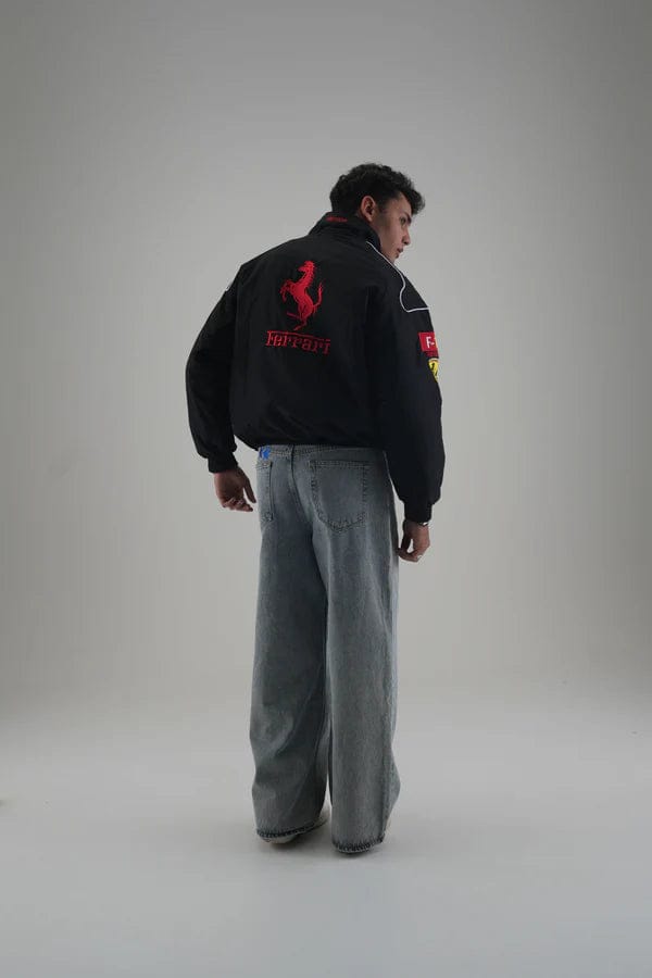 Back view of Black Ferrari Embroidered Racing Jacket.
