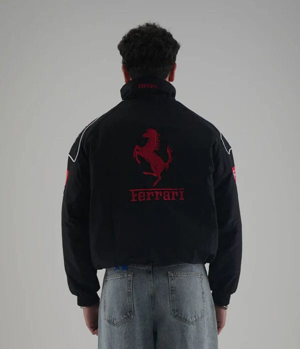 Close-up of embroidered patches on Black Ferrari Jacket.