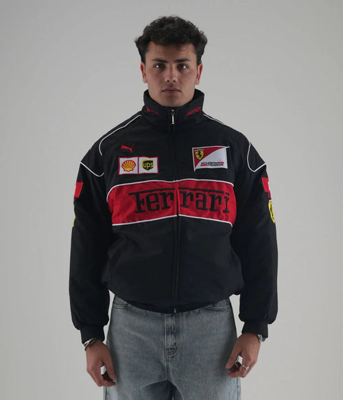 Black Ferrari Embroidered Jacket made from premium parachute fabric.