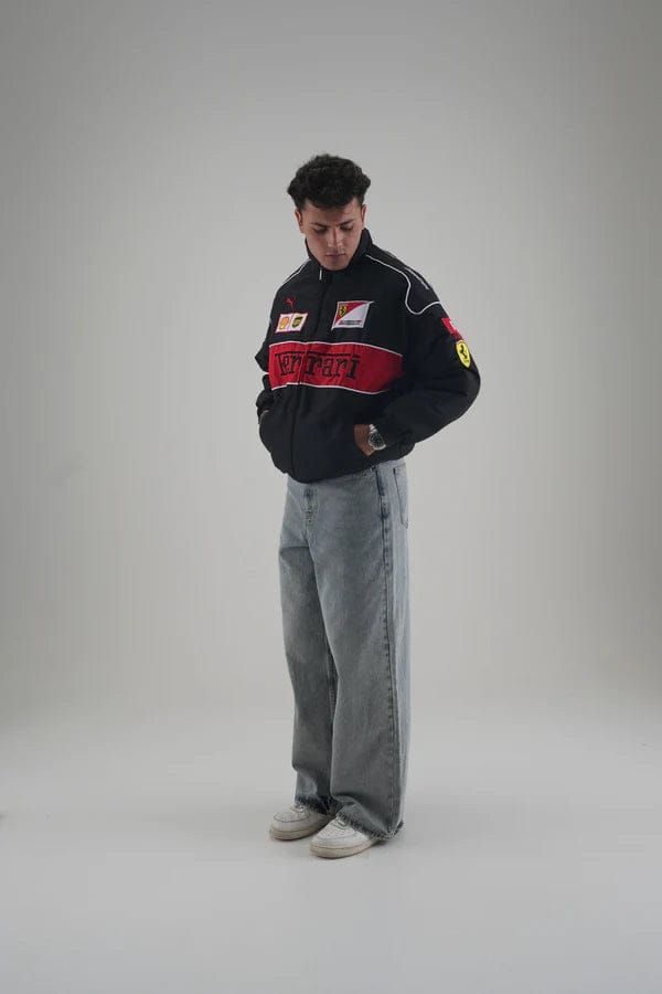 Stand collar design of Black Ferrari Embroidered Jacket