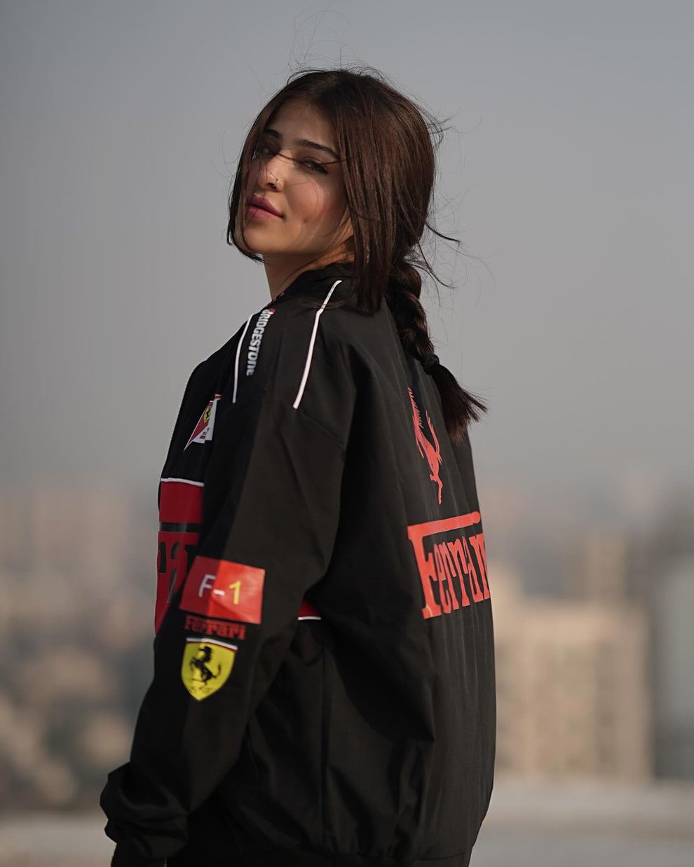 Black Ferrari F1 Vintage Racing Jacket Front View