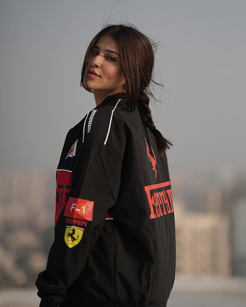 Black Ferrari F1 Vintage Racing Jacket Front View