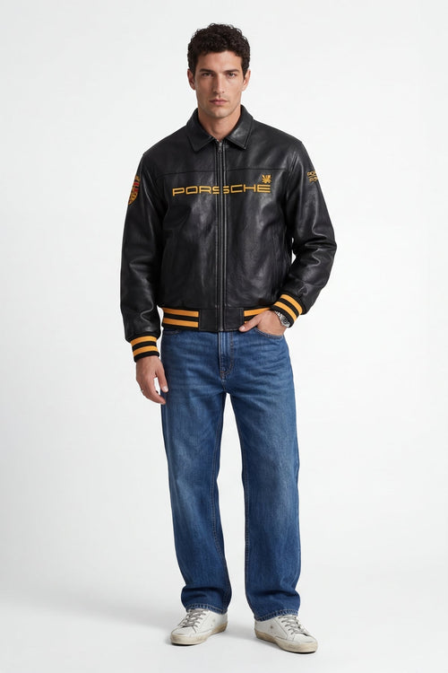 Front view of Black Porsche Leather Jacket.