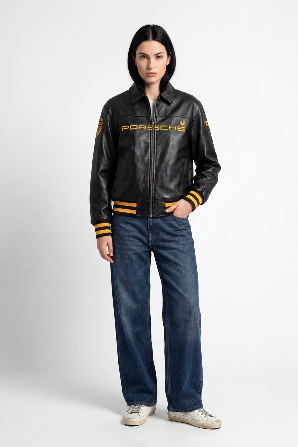 Embroidered design on Black Porsche Leather Jacket.