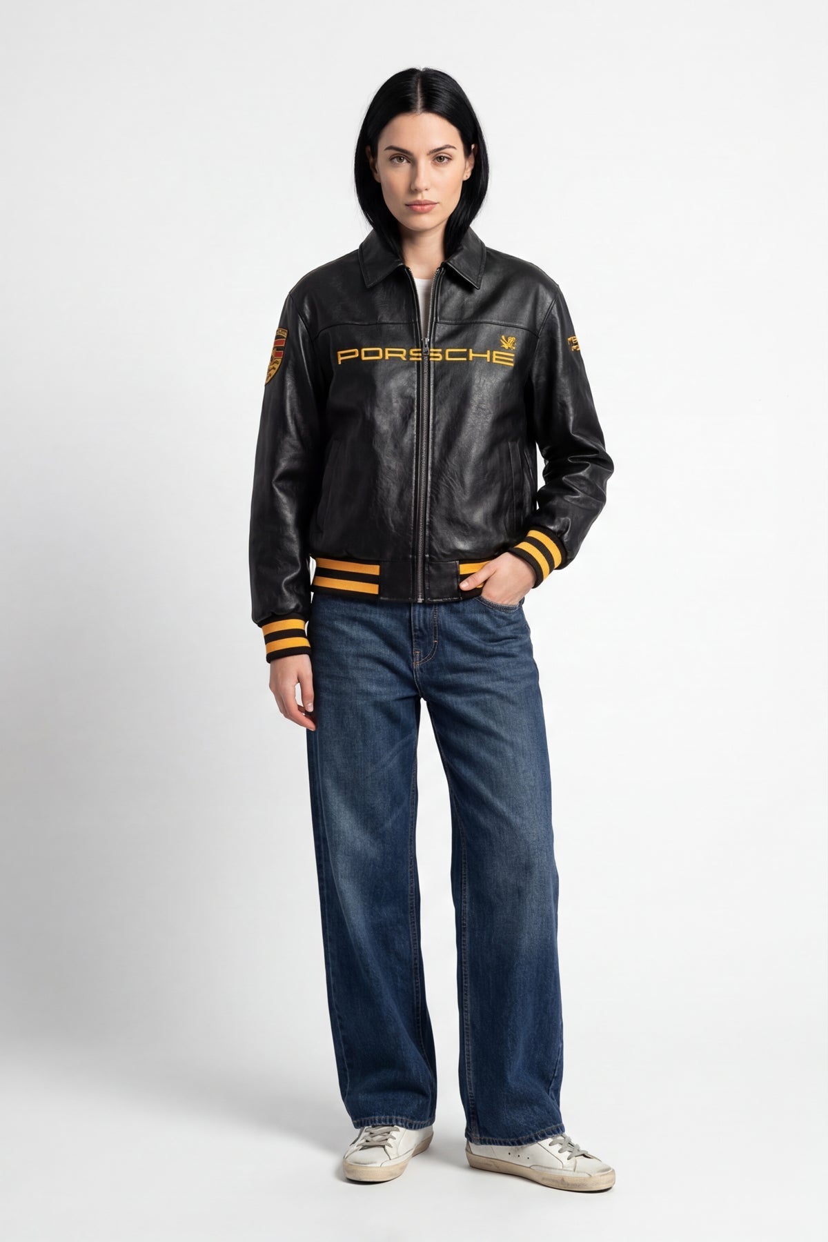 Embroidered design on Black Porsche Leather Jacket.