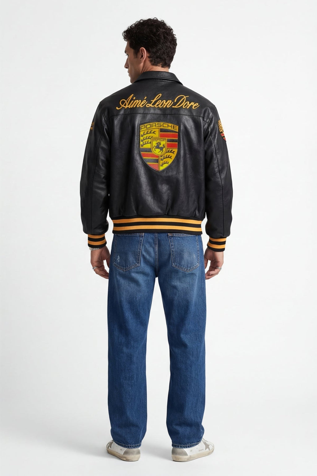 Back view of Black Porsche Leather Jacket with embroidery.