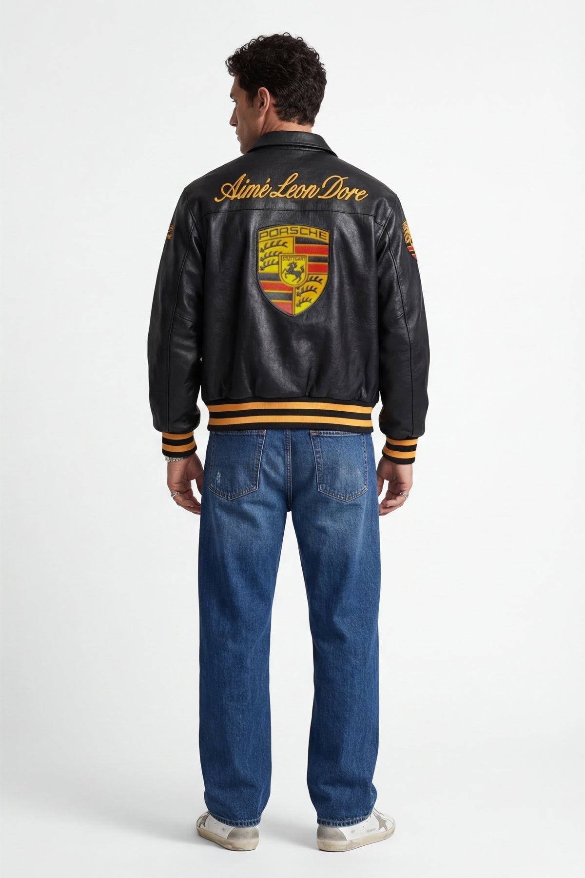 Back view of Black Porsche Leather Jacket with embroidery.