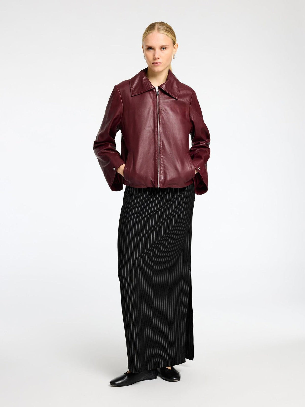 Front view of Burgundy Cropped Leather Jacket
