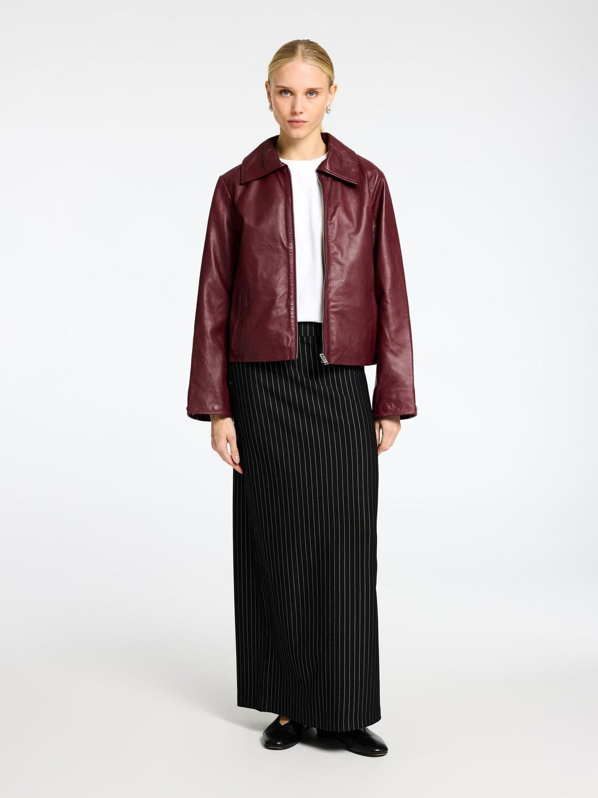 Back view of Burgundy Cropped Leather Jacket