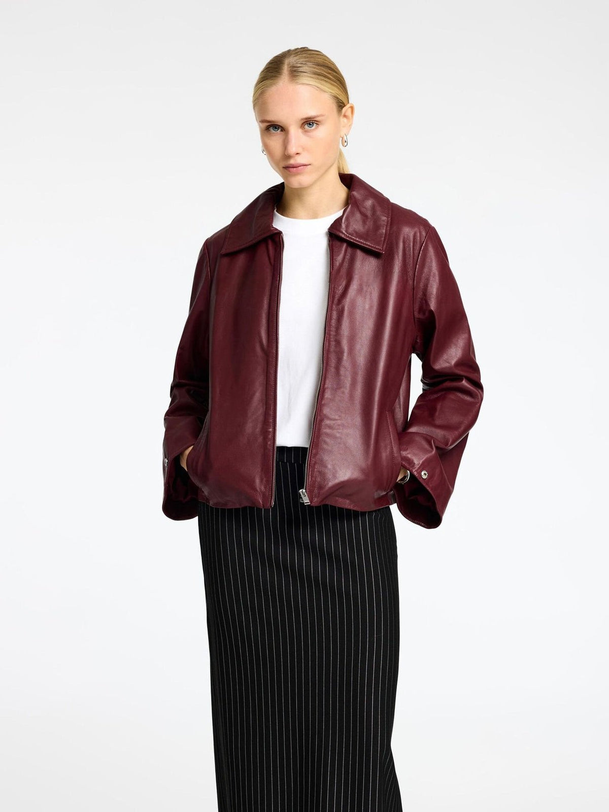 Burgundy color leather jacket by VELZR
