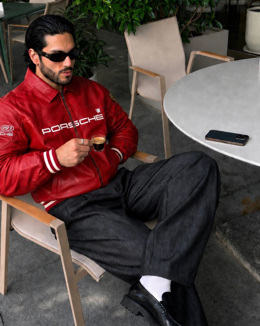 Red 993 Racing Leather Jacket made from premium faux leather with embroidered design.
