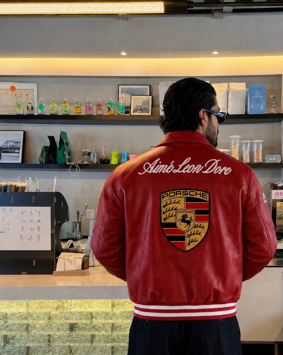 Back view of Red 993 Racing Leather Jacket with premium embroidery.