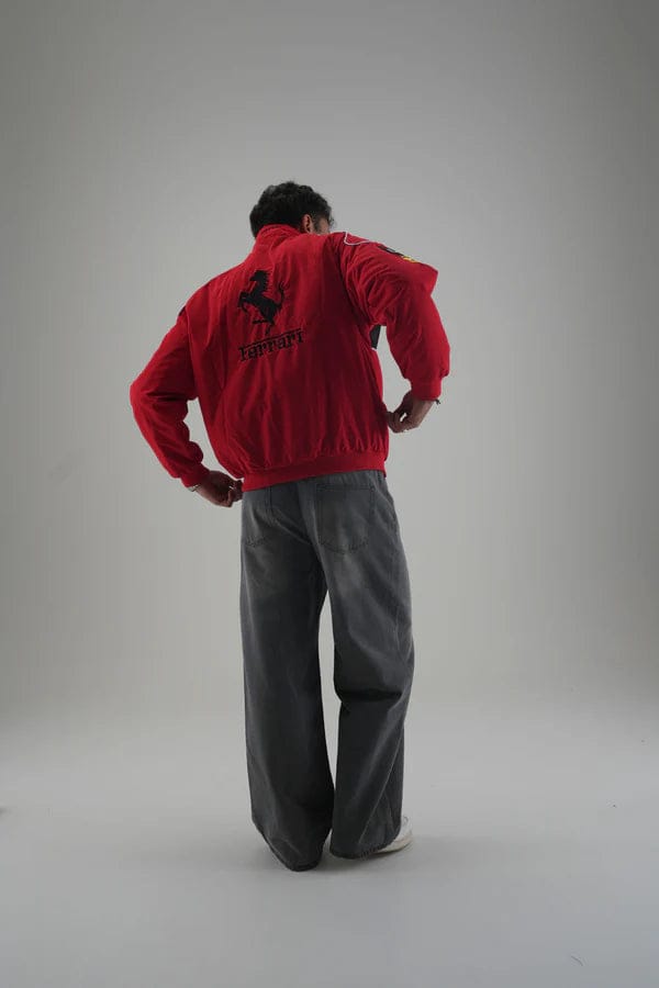 Back view of Red Ferrari Embroidered Jacket Unisex with embroidered racing design.