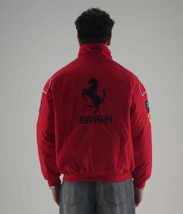 Unisex Red Ferrari Embroidered Jacket styled for premium streetwear.