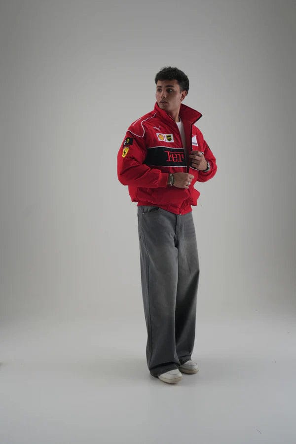 Premium parachute fabric detail of Red Ferrari Embroidered Jacket Unisex.